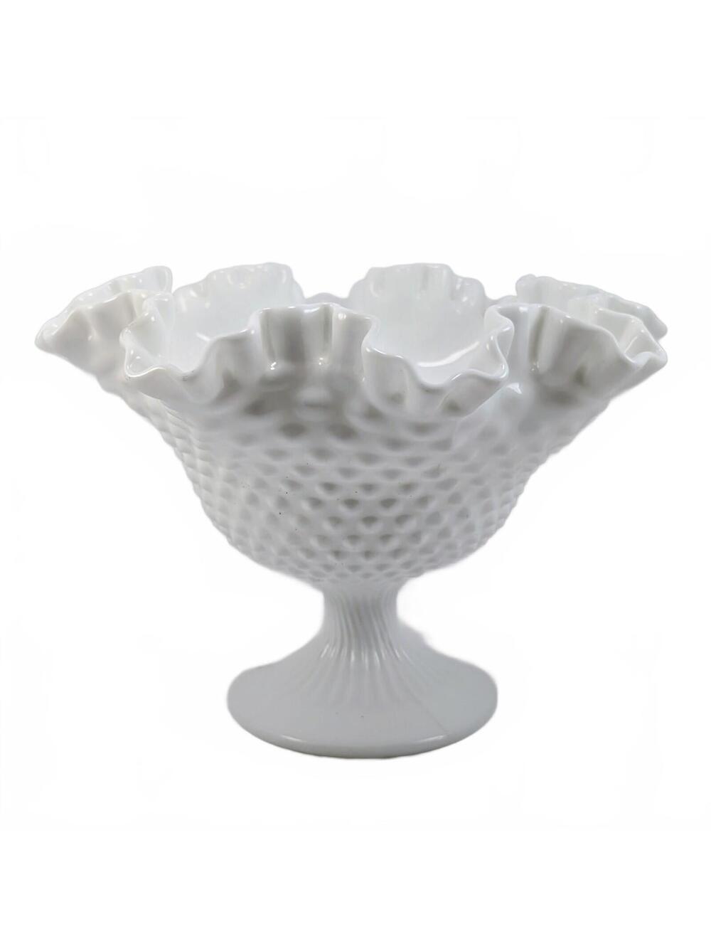 Vtg Fenton Milk Glass Hobnail Ruffled Compote
